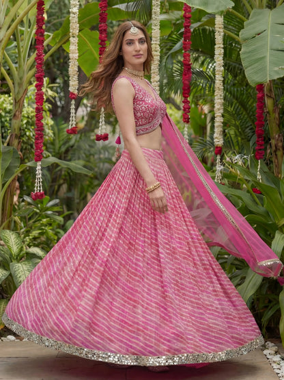 Graceful Pink Printed Organza Sangeet Wear Lehenga Choli With Dupatta