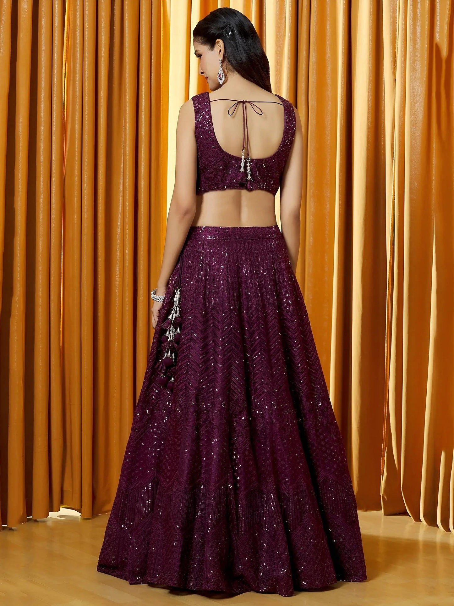 Outstanding Wine Thread Embroidered Net Bridesmaid Lehenga Choli