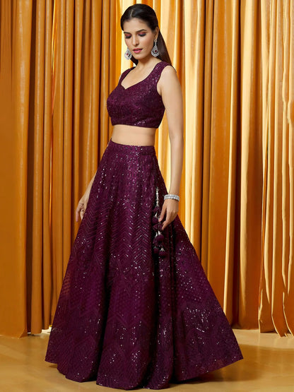 Outstanding Wine Thread Embroidered Net Bridesmaid Lehenga Choli