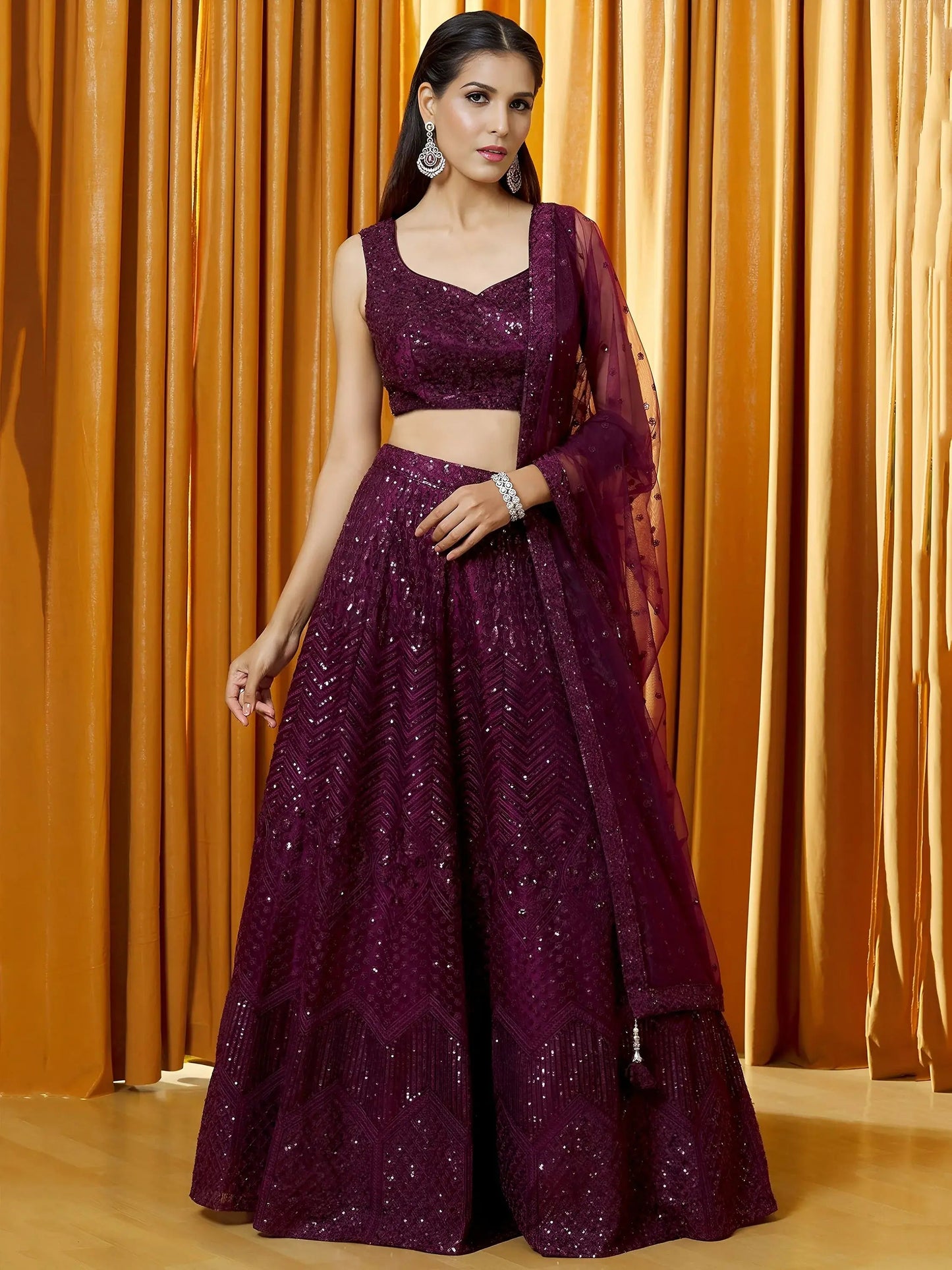 Outstanding Wine Thread Embroidered Net Bridesmaid Lehenga Choli