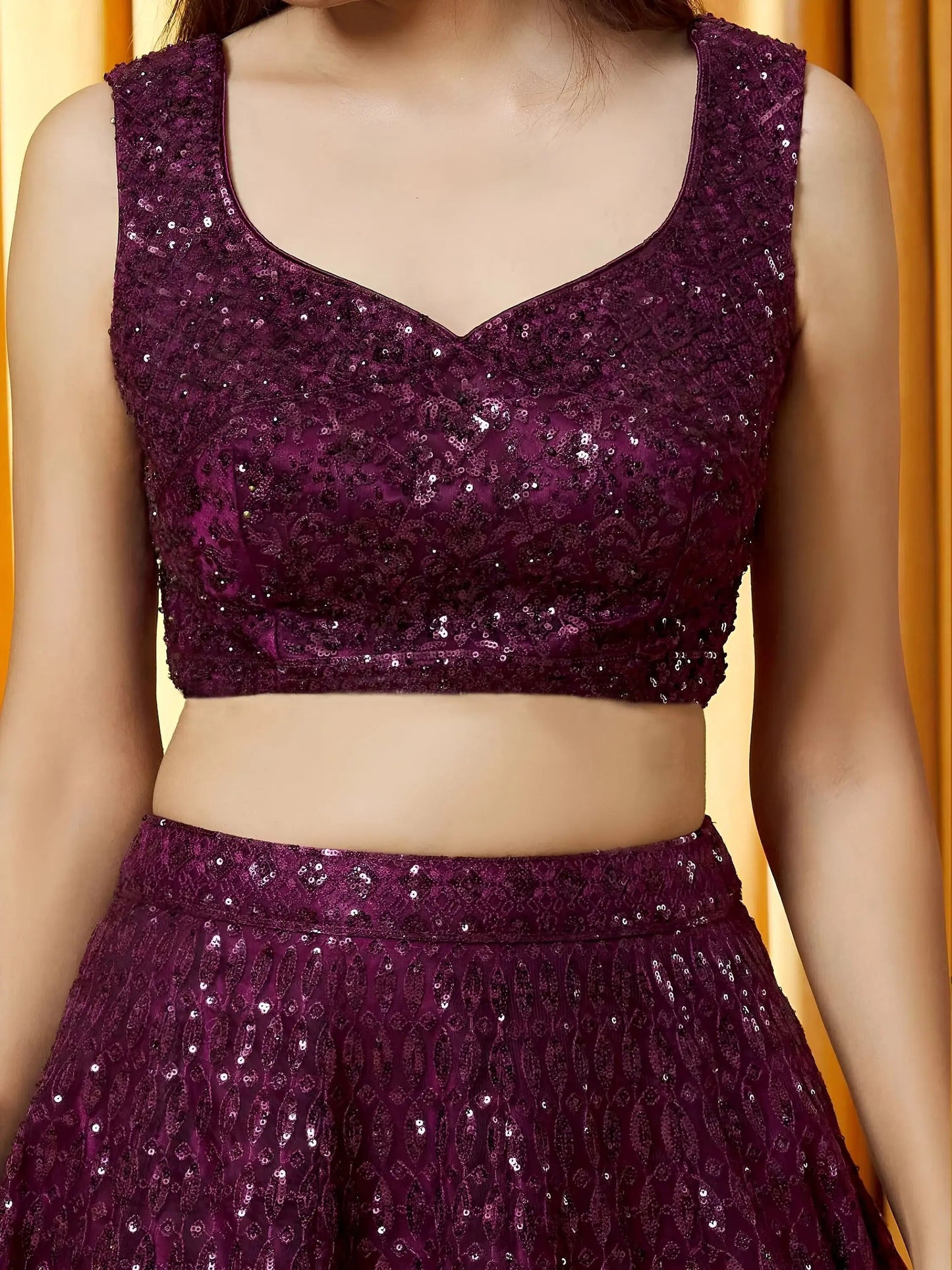 Outstanding Wine Thread Embroidered Net Bridesmaid Lehenga Choli