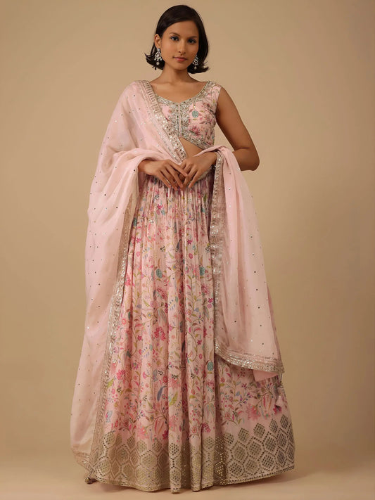 Captivating Peach Digital Printed Organza Lehenga Choli With Dupatta