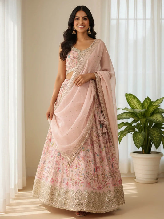 Dreamy Peach Floral Printed Organza Engagement Wear Lehenga Choli With Dupatta