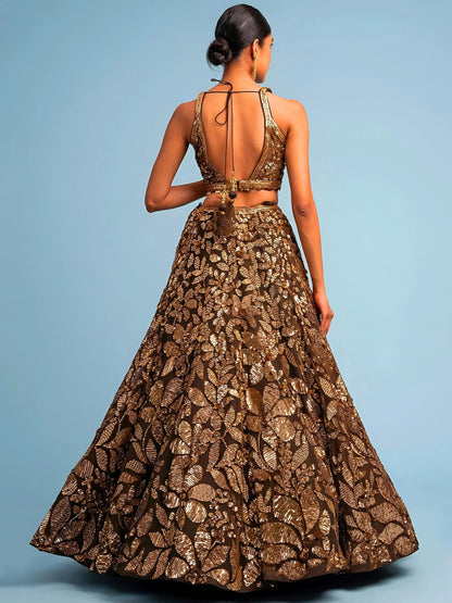 Attractive Brown Sequins Embroidery Net Party Wear Lehenga Choli With Dupatta
