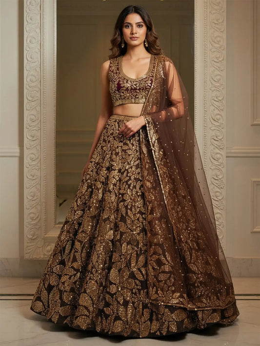 Dreamy Brown Sequins Work Net Sangeet Wear Lehenga Choli With Dupatta