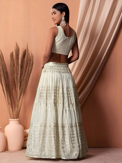 Striking White Sequins Georgette Evening Wear Lehenga Choli With Dupatta