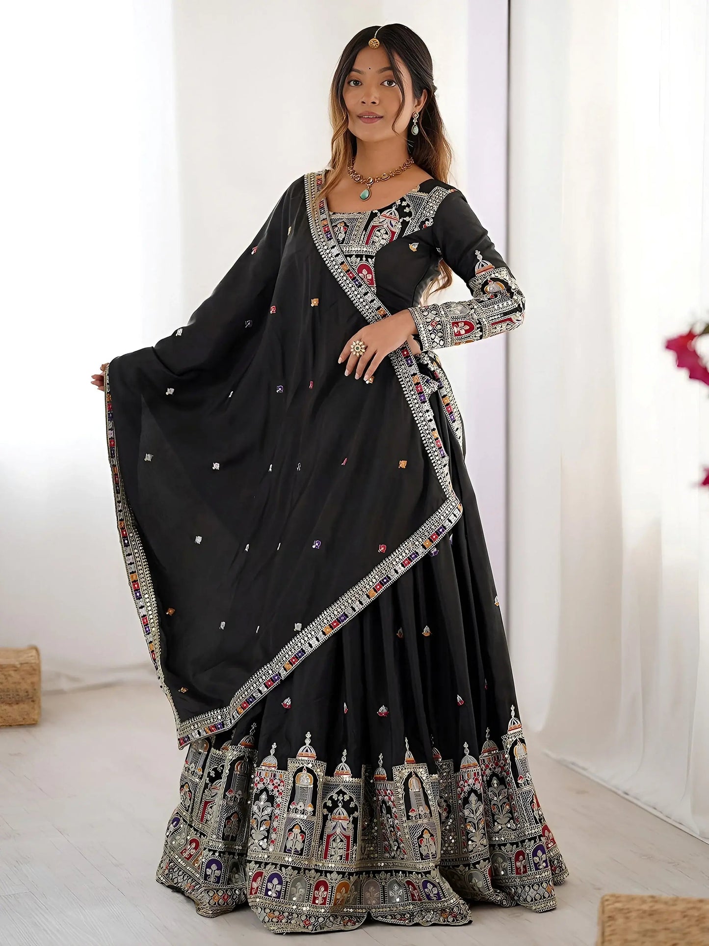 Regal Black Embroidered Crepe Silk Traditional Lehenga Choli With Dupatta