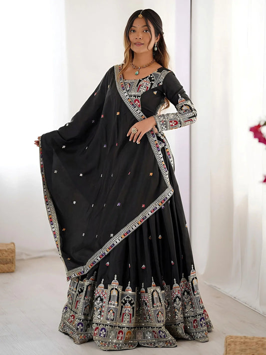 Regal Black Embroidered Crepe Silk Traditional Lehenga Choli With Dupatta
