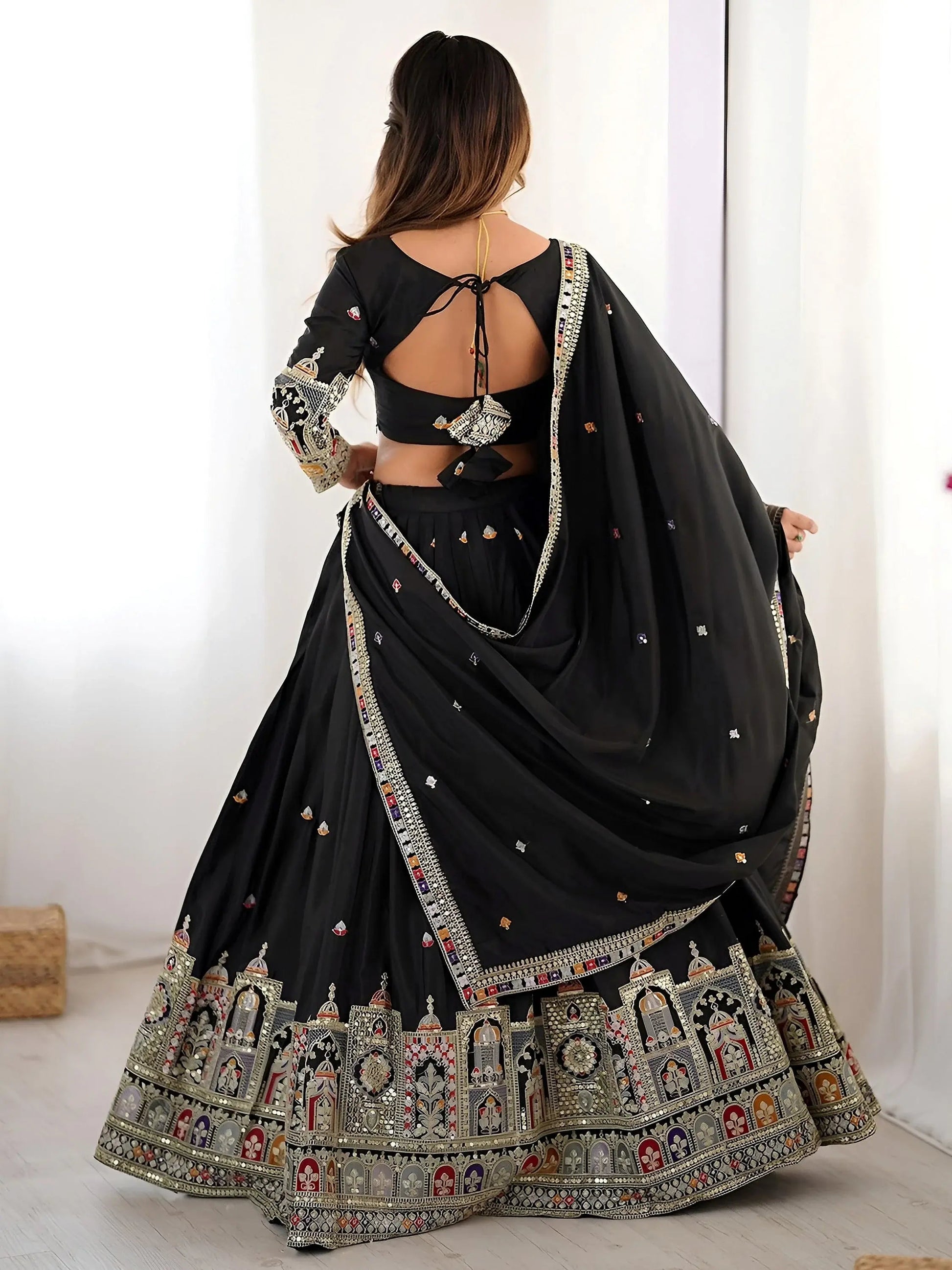 Regal Black Embroidered Crepe Silk Traditional Lehenga Choli With Dupatta