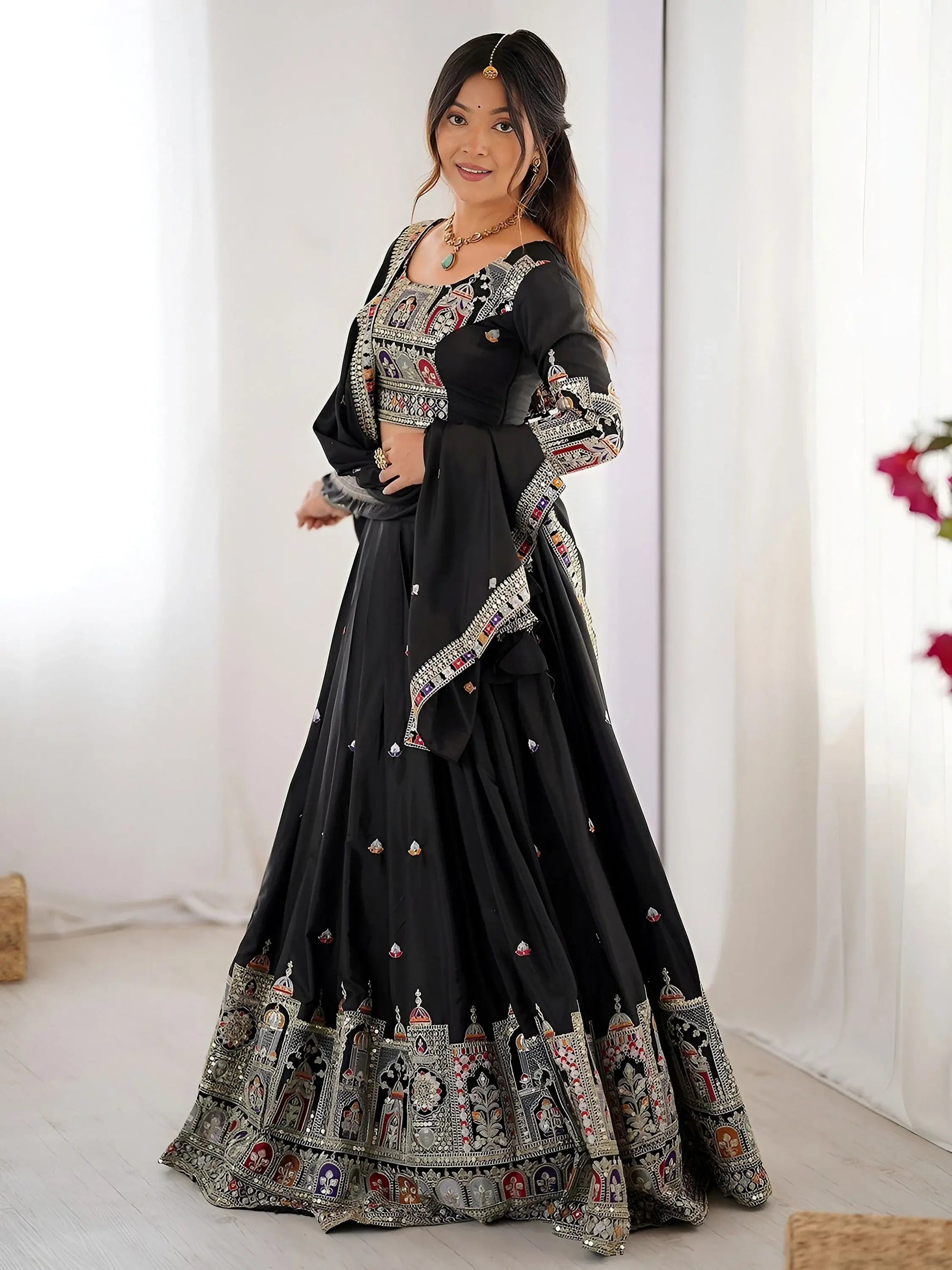 Regal Black Embroidered Crepe Silk Traditional Lehenga Choli With Dupatta