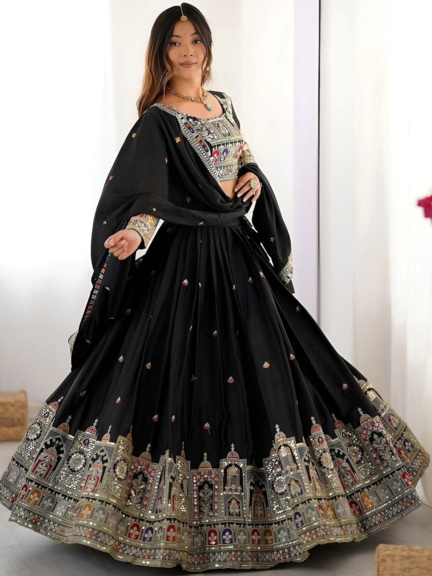 Regal Black Embroidered Crepe Silk Traditional Lehenga Choli With Dupatta