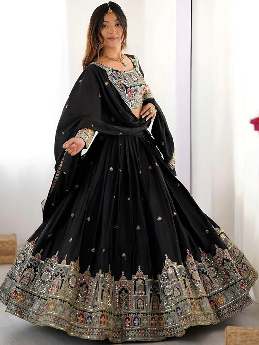 Regal Black Embroidered Crepe Silk Traditional Lehenga Choli With Dupatta