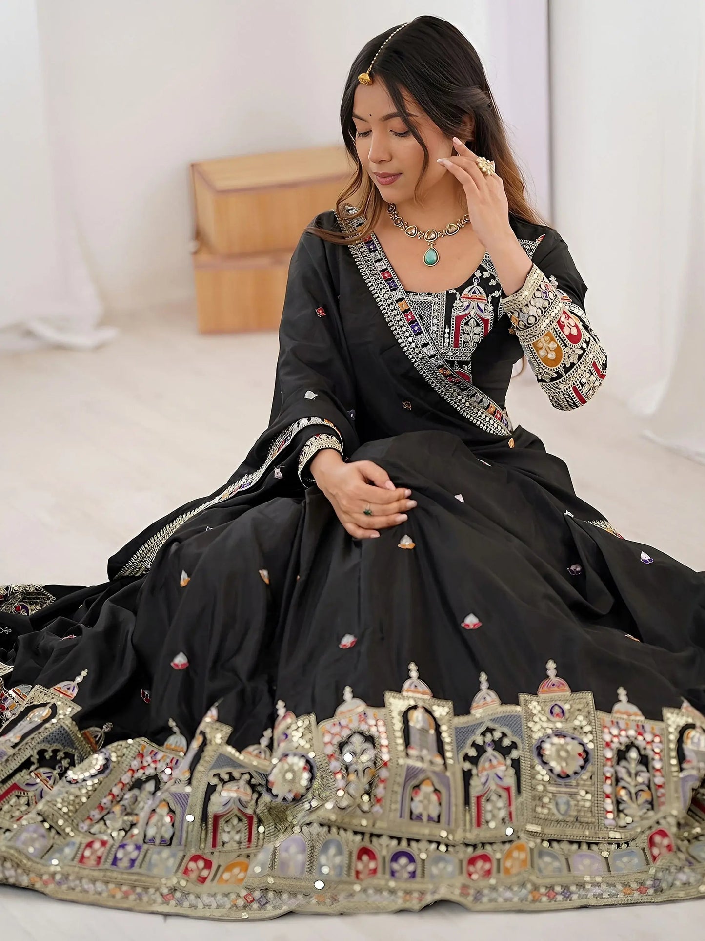 Regal Black Embroidered Crepe Silk Traditional Lehenga Choli With Dupatta
