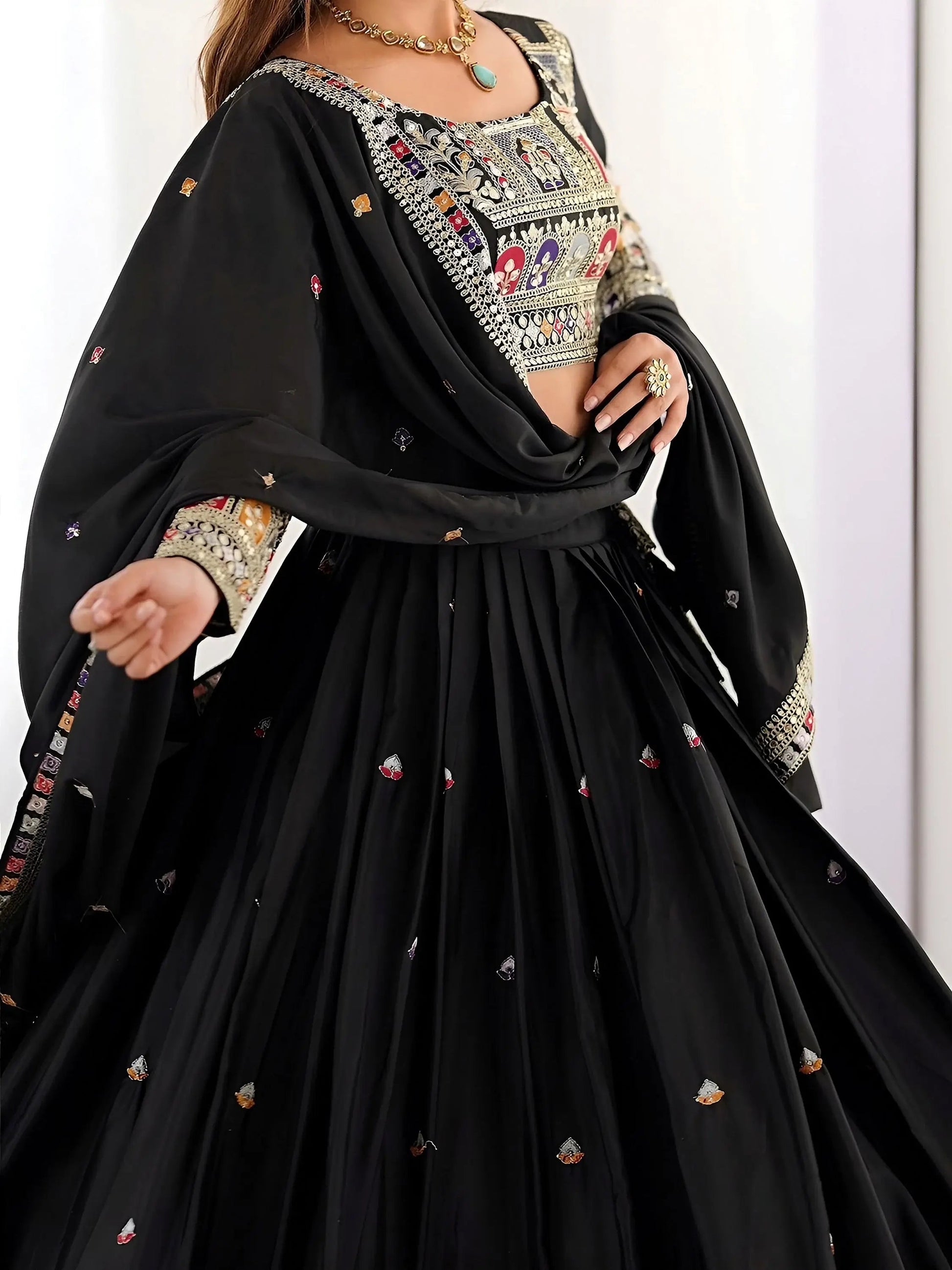 Regal Black Embroidered Crepe Silk Traditional Lehenga Choli With Dupatta
