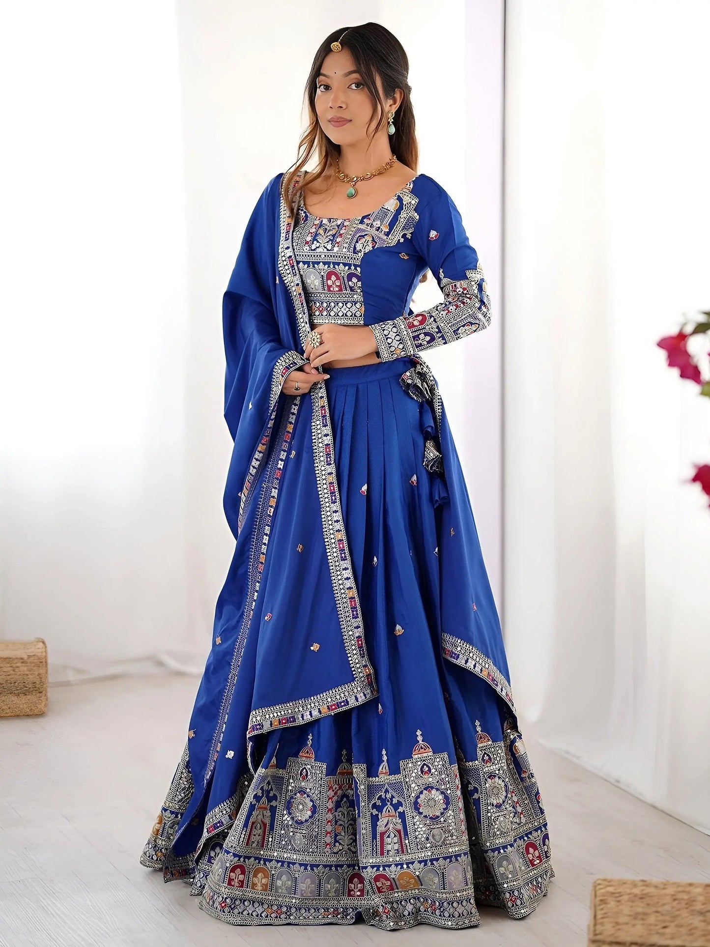 Artistic Royal Blue Sequins Crepe Silk Event Wear Lehenga Choli With Dupatta