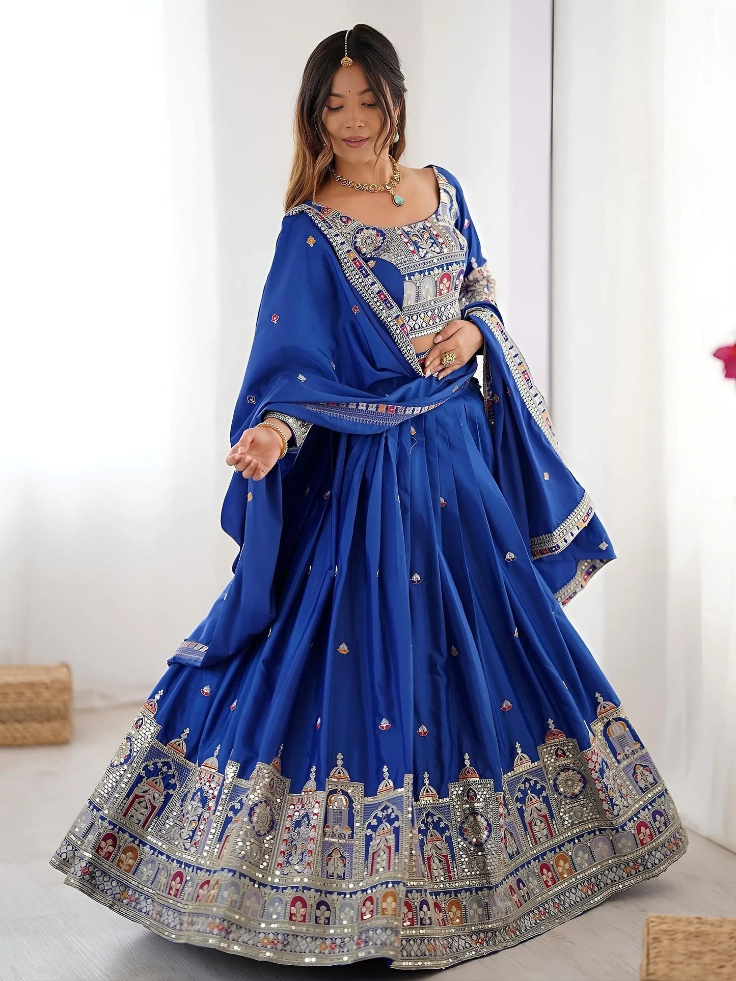 Artistic Royal Blue Sequins Crepe Silk Event Wear Lehenga Choli With Dupatta