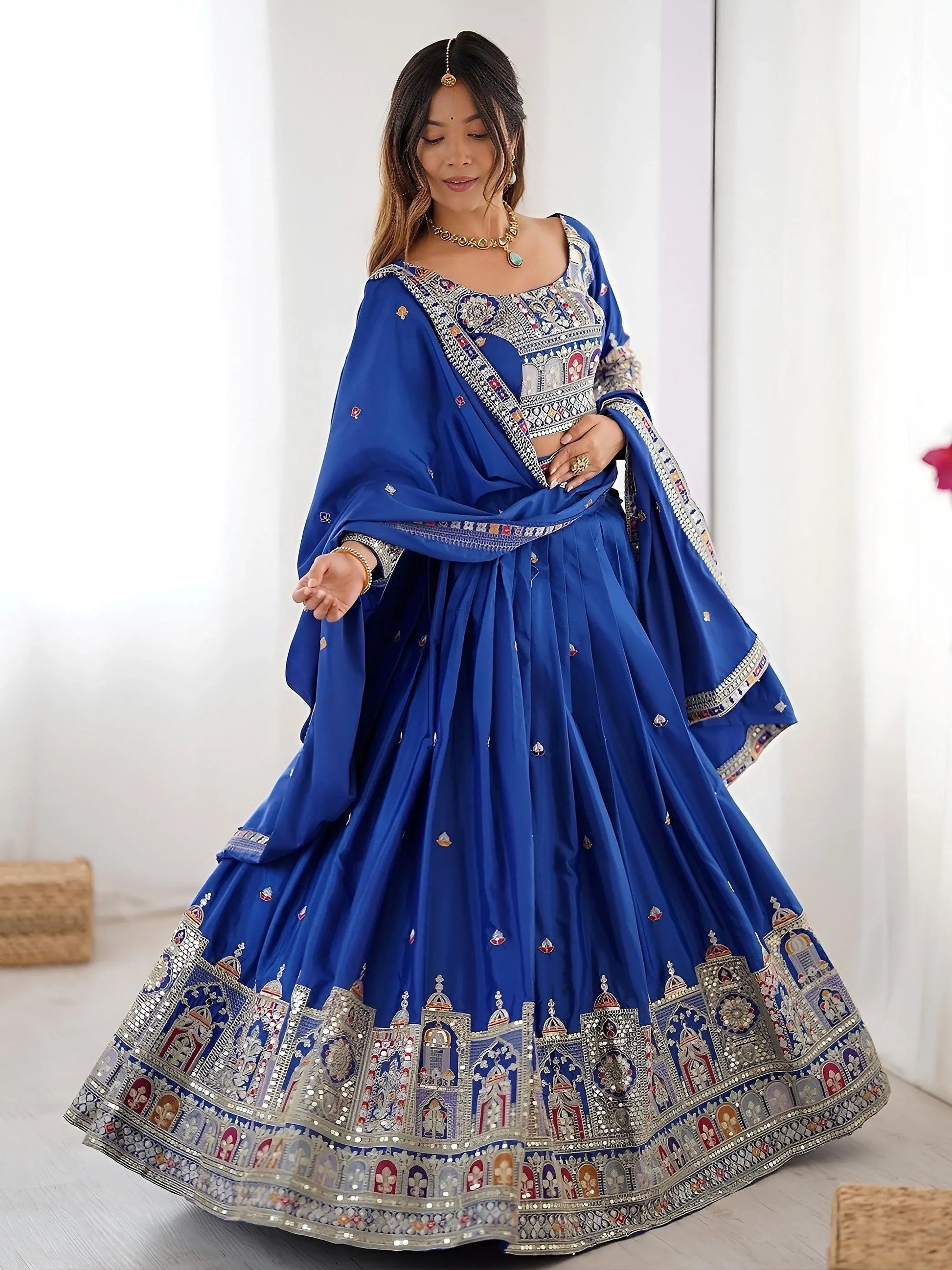 Artistic Royal Blue Sequins Crepe Silk Event Wear Lehenga Choli With Dupatta