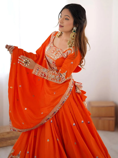 Beautiful Orange Multi Thread Work Crepe Silk Festive Wear Lehenga Choli