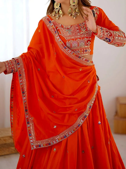 Beautiful Orange Multi Thread Work Crepe Silk Festive Wear Lehenga Choli