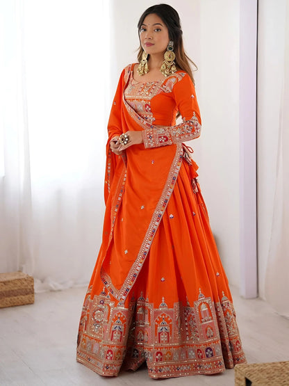 Beautiful Orange Multi Thread Work Crepe Silk Festive Wear Lehenga Choli