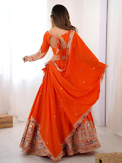 Beautiful Orange Multi Thread Work Crepe Silk Festive Wear Lehenga Choli