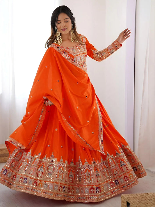 Beautiful Orange Multi Thread Work Crepe Silk Festive Wear Lehenga Choli