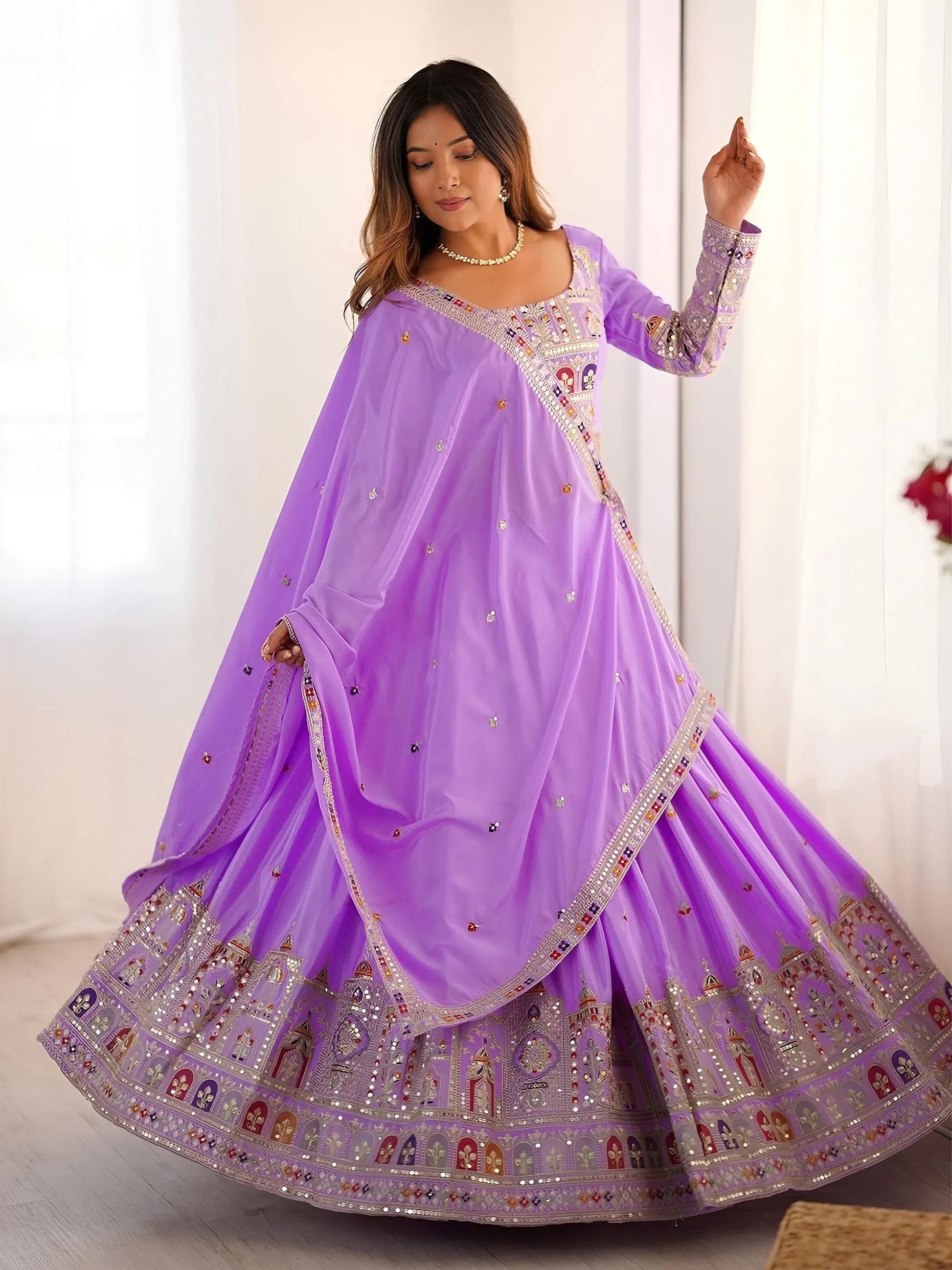 Majestic Lavender Thread Embroidery Crepe Silk Lehenga With Blouse