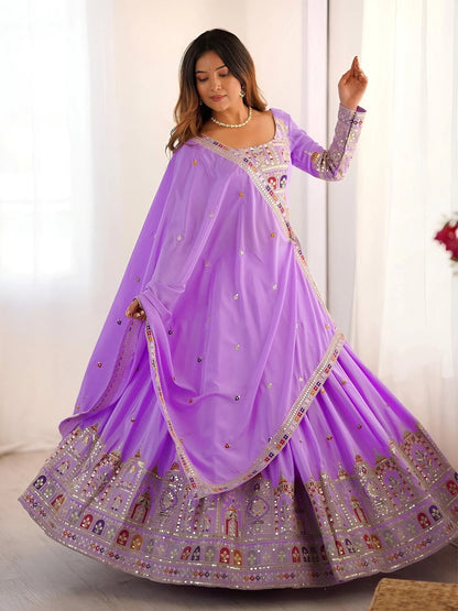 Majestic Lavender Thread Embroidery Crepe Silk Lehenga With Blouse