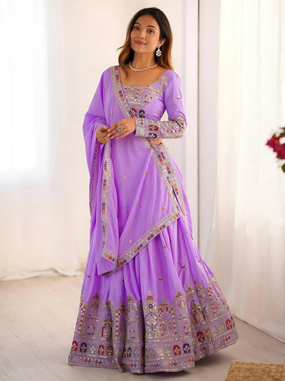 Majestic Lavender Thread Embroidery Crepe Silk Lehenga With Blouse