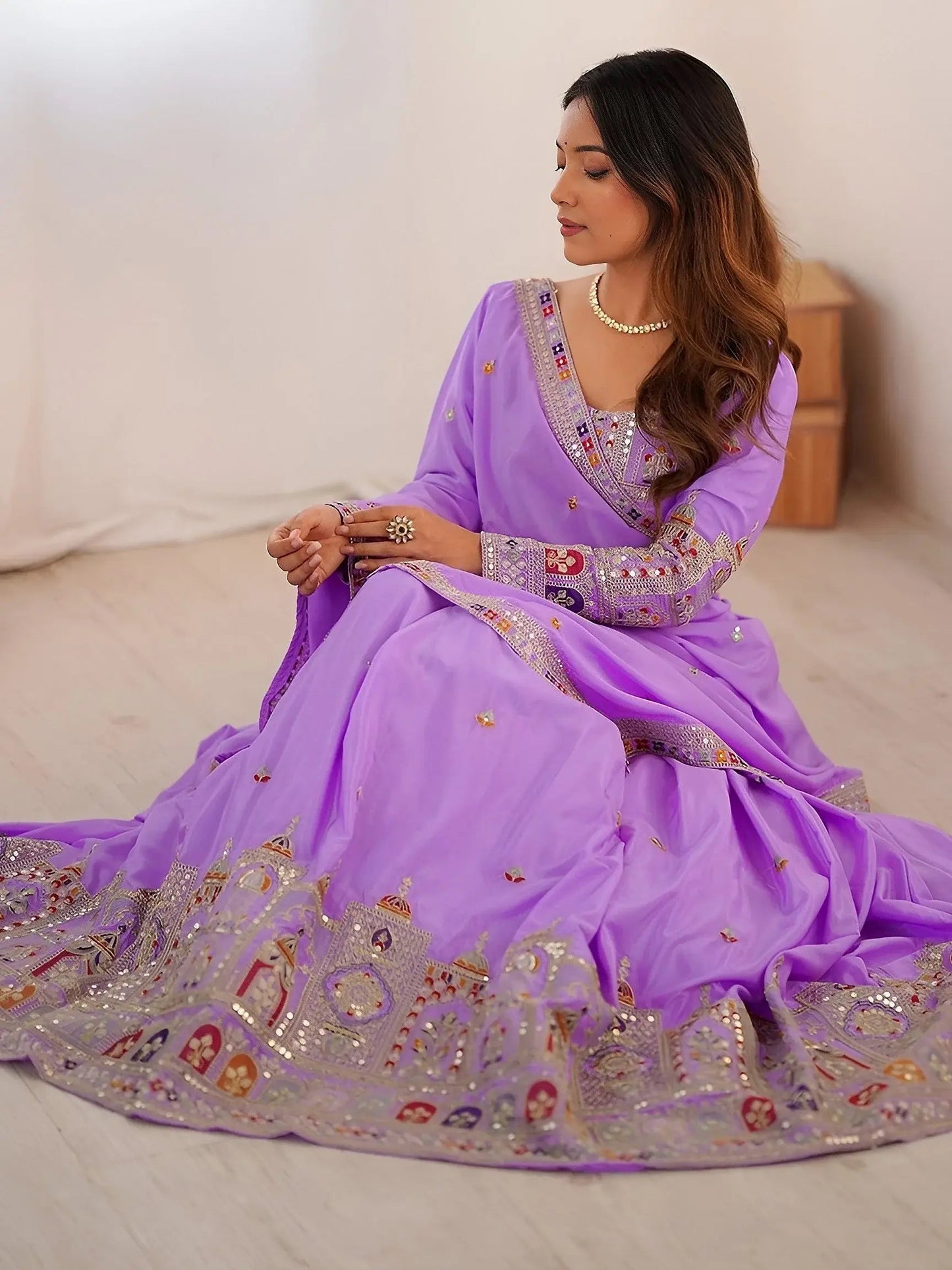 Majestic Lavender Thread Embroidery Crepe Silk Lehenga With Blouse