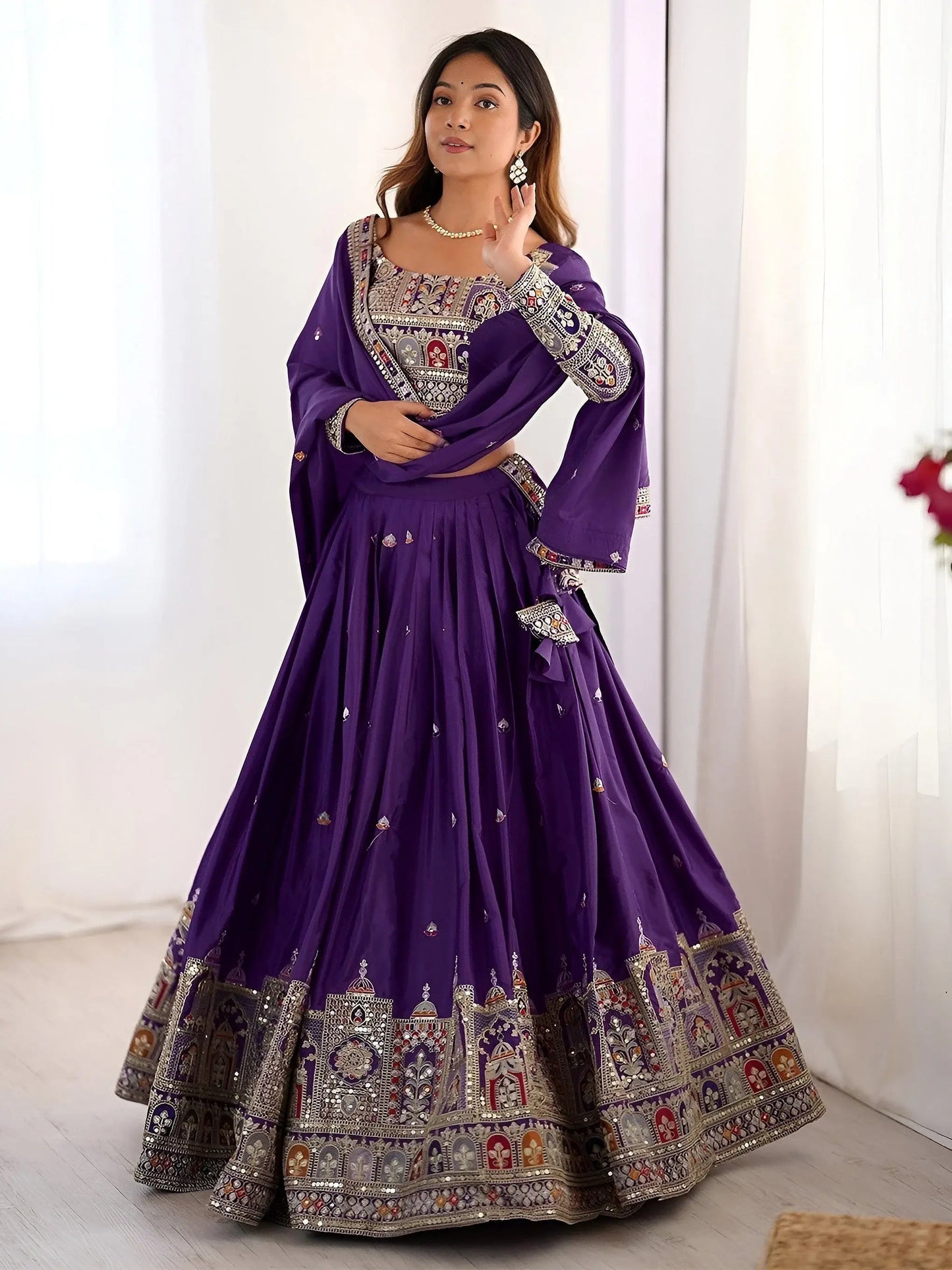 Grand Purple Sequins Embroidery Crepe Silk Evening Wear Lehenga Choli