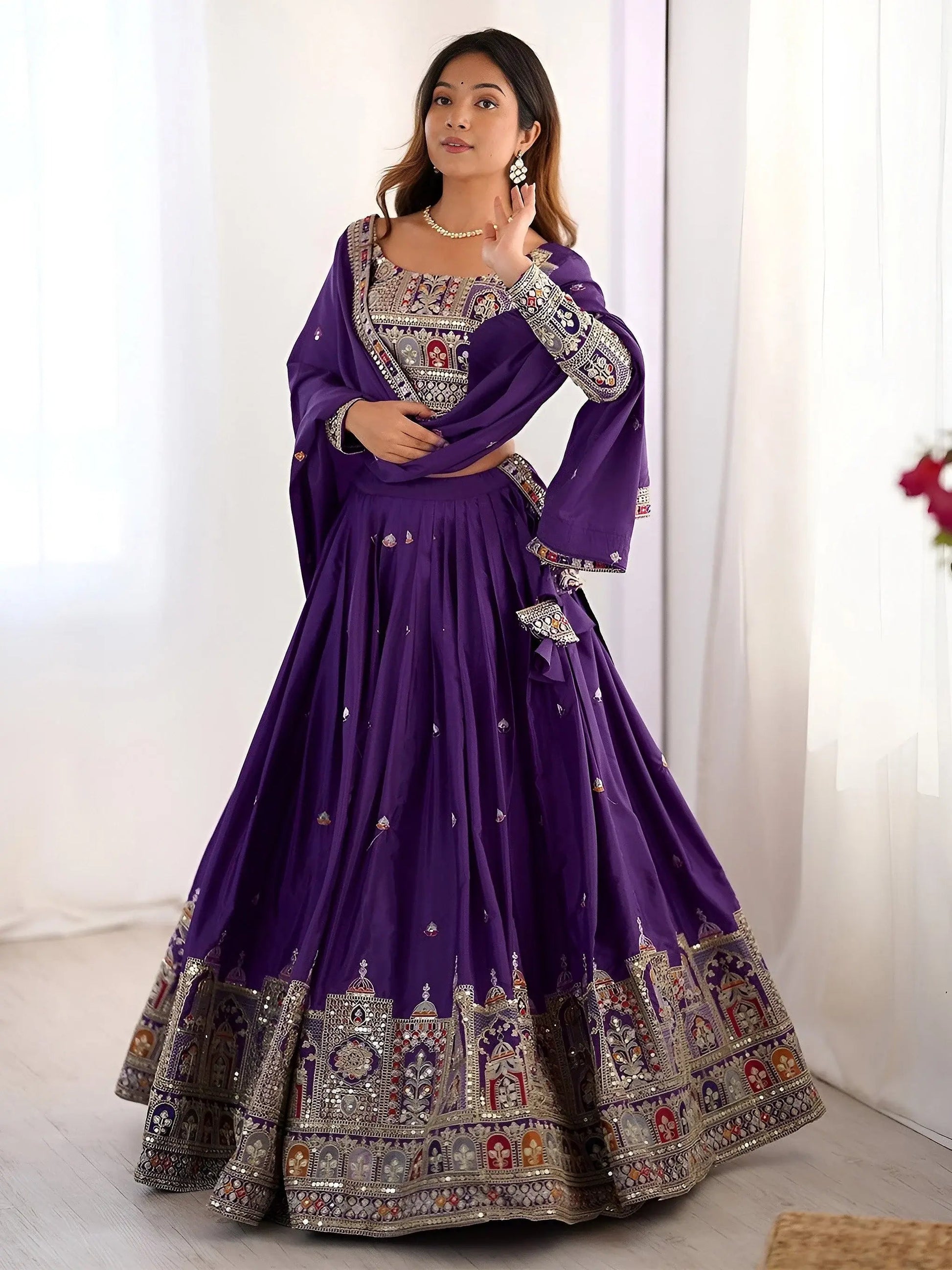 Grand Purple Sequins Embroidery Crepe Silk Evening Wear Lehenga Choli