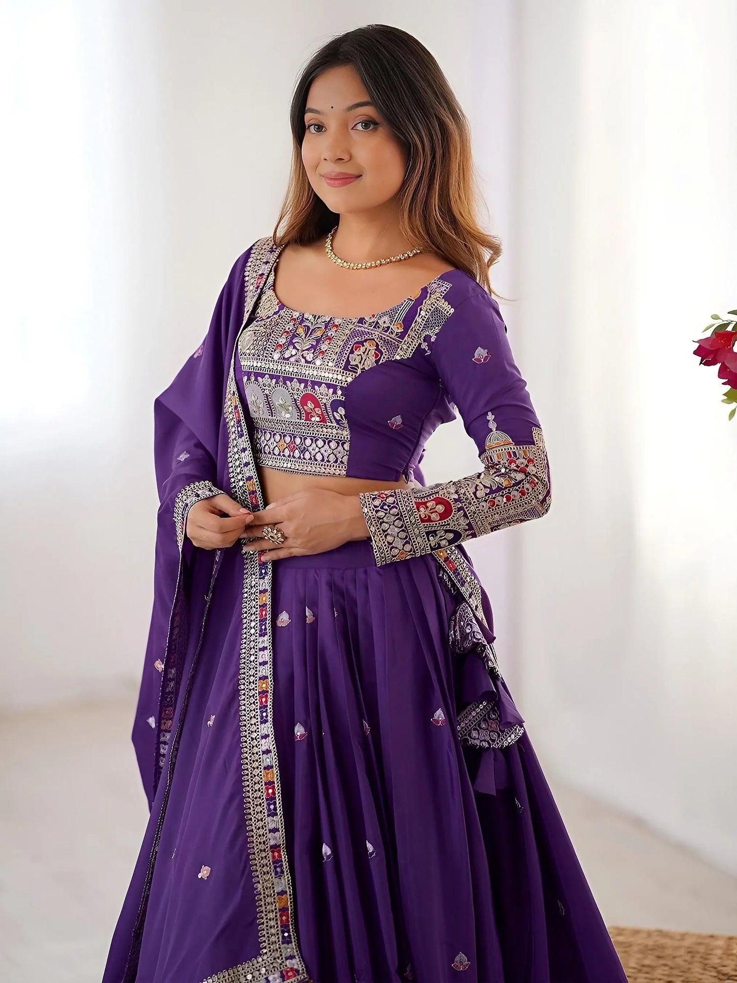 Grand Purple Sequins Embroidery Crepe Silk Evening Wear Lehenga Choli
