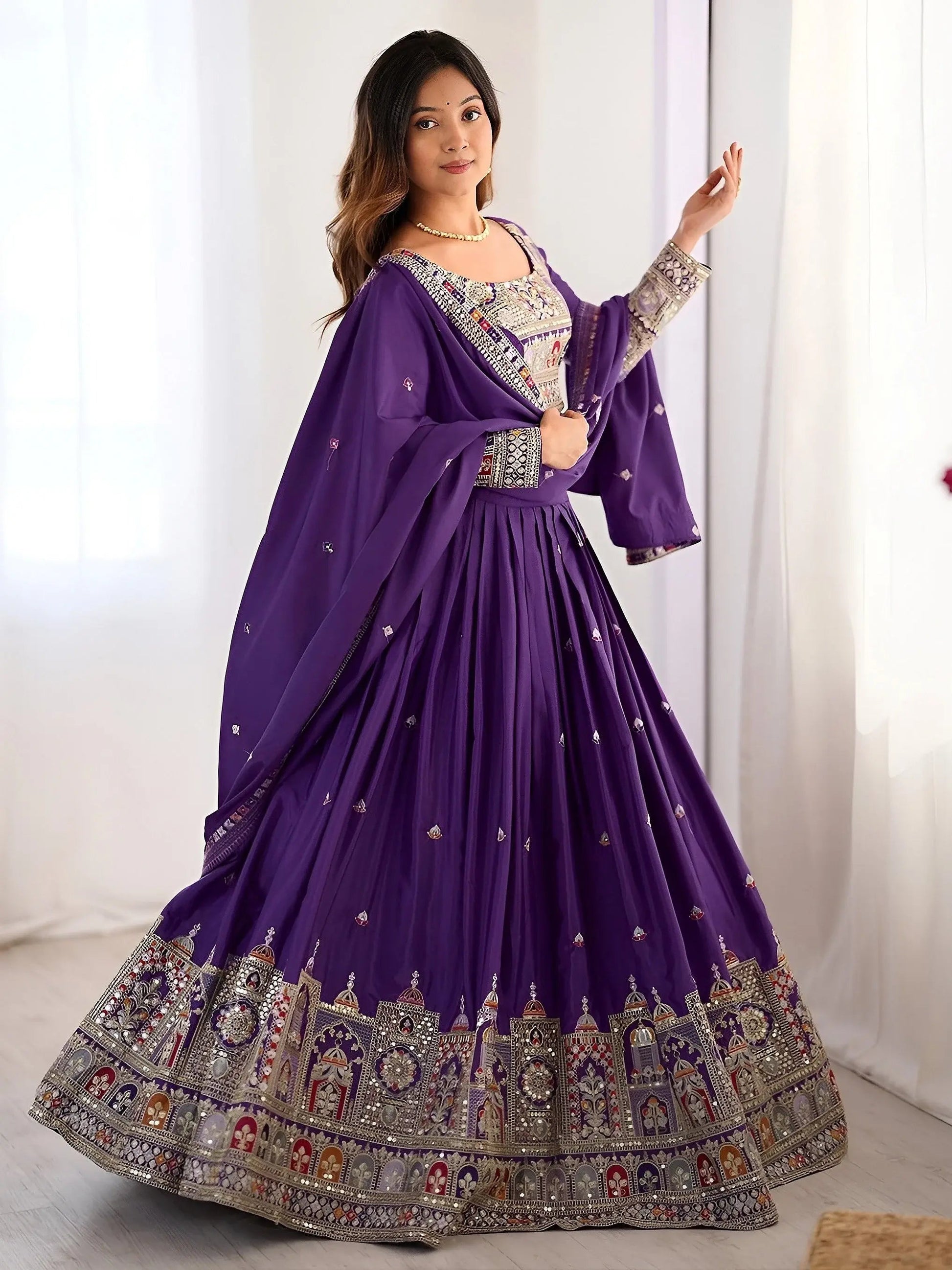 Grand Purple Sequins Embroidery Crepe Silk Evening Wear Lehenga Choli