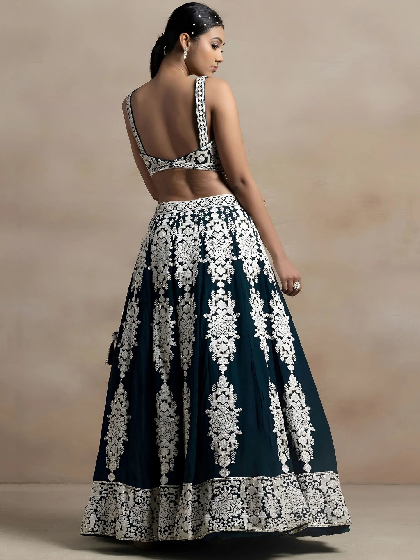 Captivating Dark Green Thread Work Georgette Lehenga Choli With Dupatta