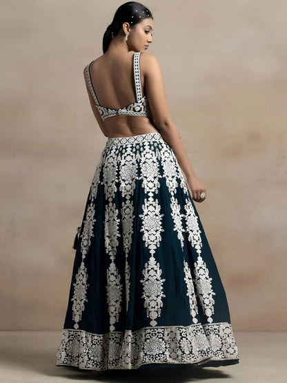 Captivating Dark Green Thread Work Georgette Lehenga Choli With Dupatta