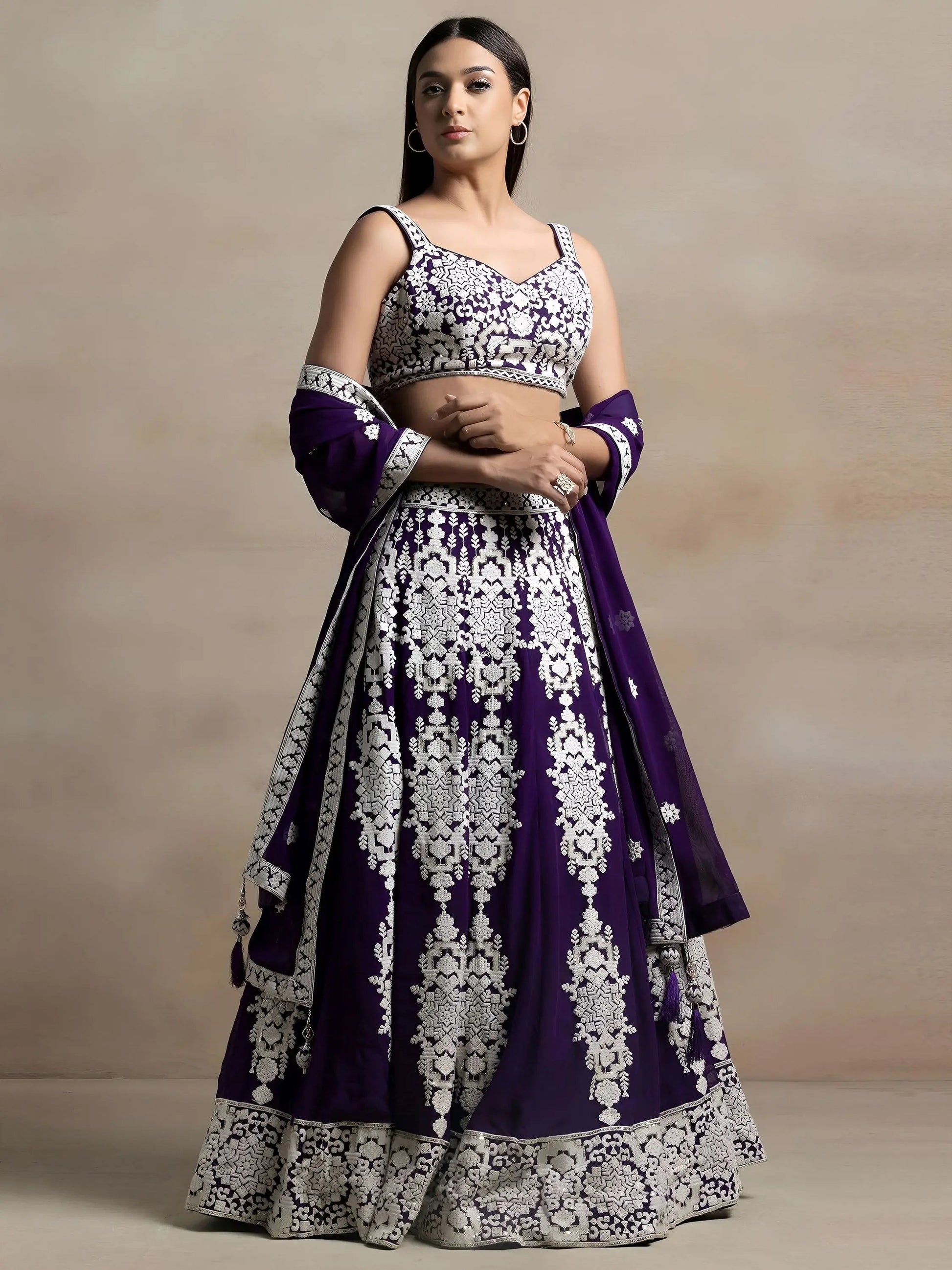 Enchanting Purple Thread Work Georgette Reception Wear Lehenga Choli With Dupatta