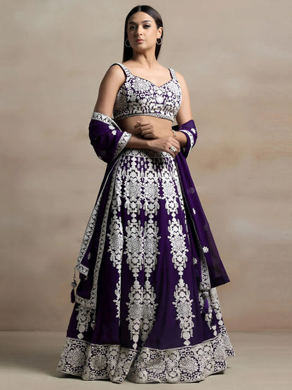 Enchanting Purple Thread Work Georgette Reception Wear Lehenga Choli With Dupatta