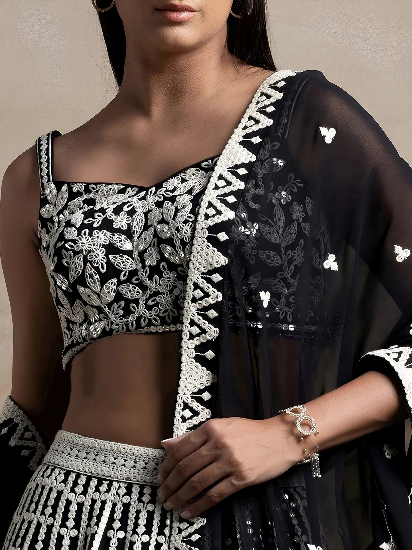 Precious Black Thread Work Georgette Engagement Wear Lehenga Choli
