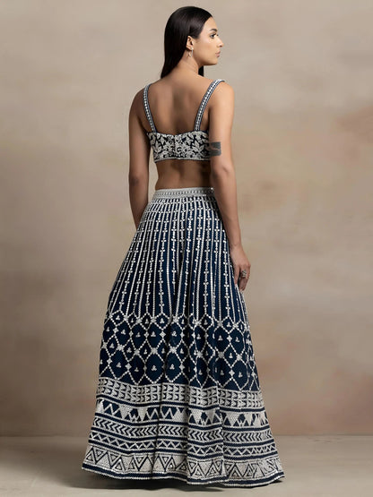 Beautiful Navy Blue Thread Work Georgette Reception Wear Lehenga Choli