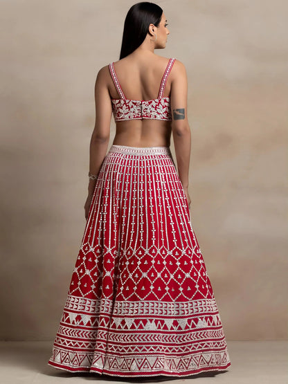 Ravishing Red Thread Work Georgette Bridal Wear Lehenga Choli
