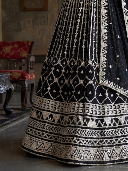 Charming Black Embroidered Georgette Party Wear Lehenga Choli With Dupatta