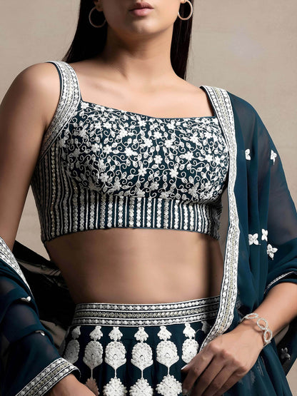 Gorgeous Dark Green Thread Work Georgette Wedding Lehenga Choli With Dupatta