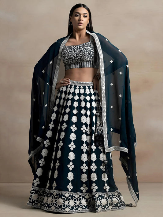 Gorgeous Dark Green Thread Work Georgette Wedding Lehenga Choli With Dupatta