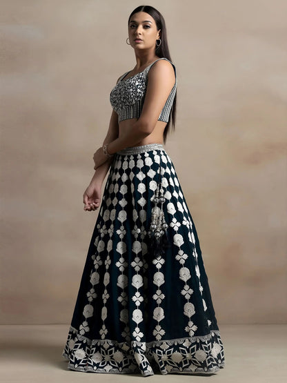 Gorgeous Dark Green Thread Work Georgette Wedding Lehenga Choli With Dupatta