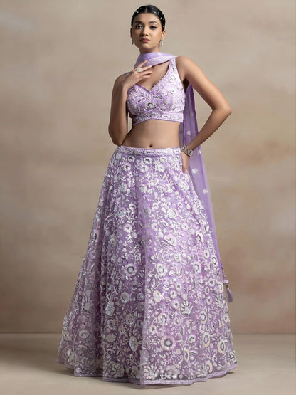 Surprising Lavender Sequins Net Reception Wear Lehenga Choli