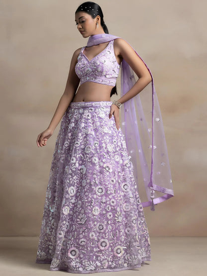 Surprising Lavender Sequins Net Reception Wear Lehenga Choli