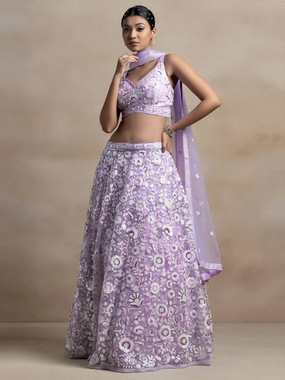 Surprising Lavender Sequins Net Reception Wear Lehenga Choli