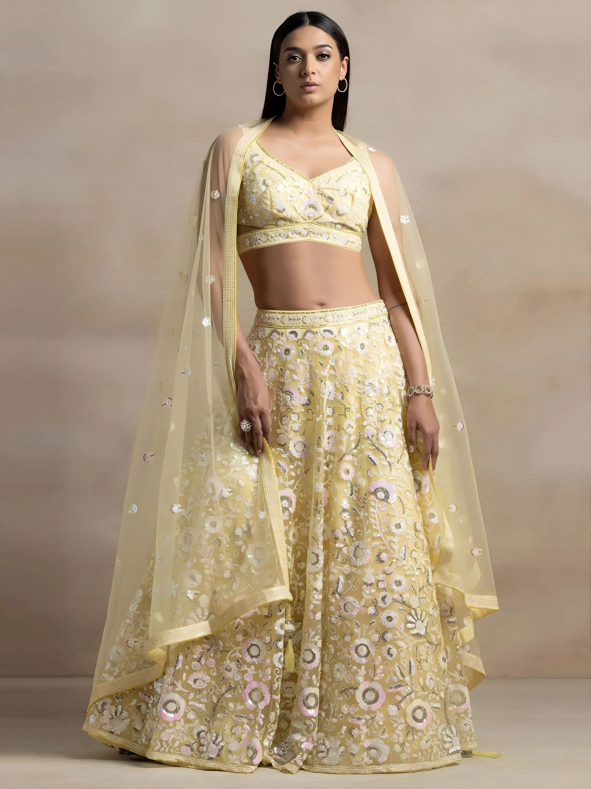 Unique Yellow Sequins Net Haldi Wear Lehenga Choli With Dupatta