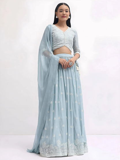 Pretty Blue Thread Embroidered Georgette Reception Wear Lehenga Choli